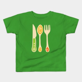 CUTLERY Retro Vintage Kitchen Utensils Knife Spoon Fork in Yellow Orange and Green - UnBlink Studio by Jackie Tahara Kids T-Shirt